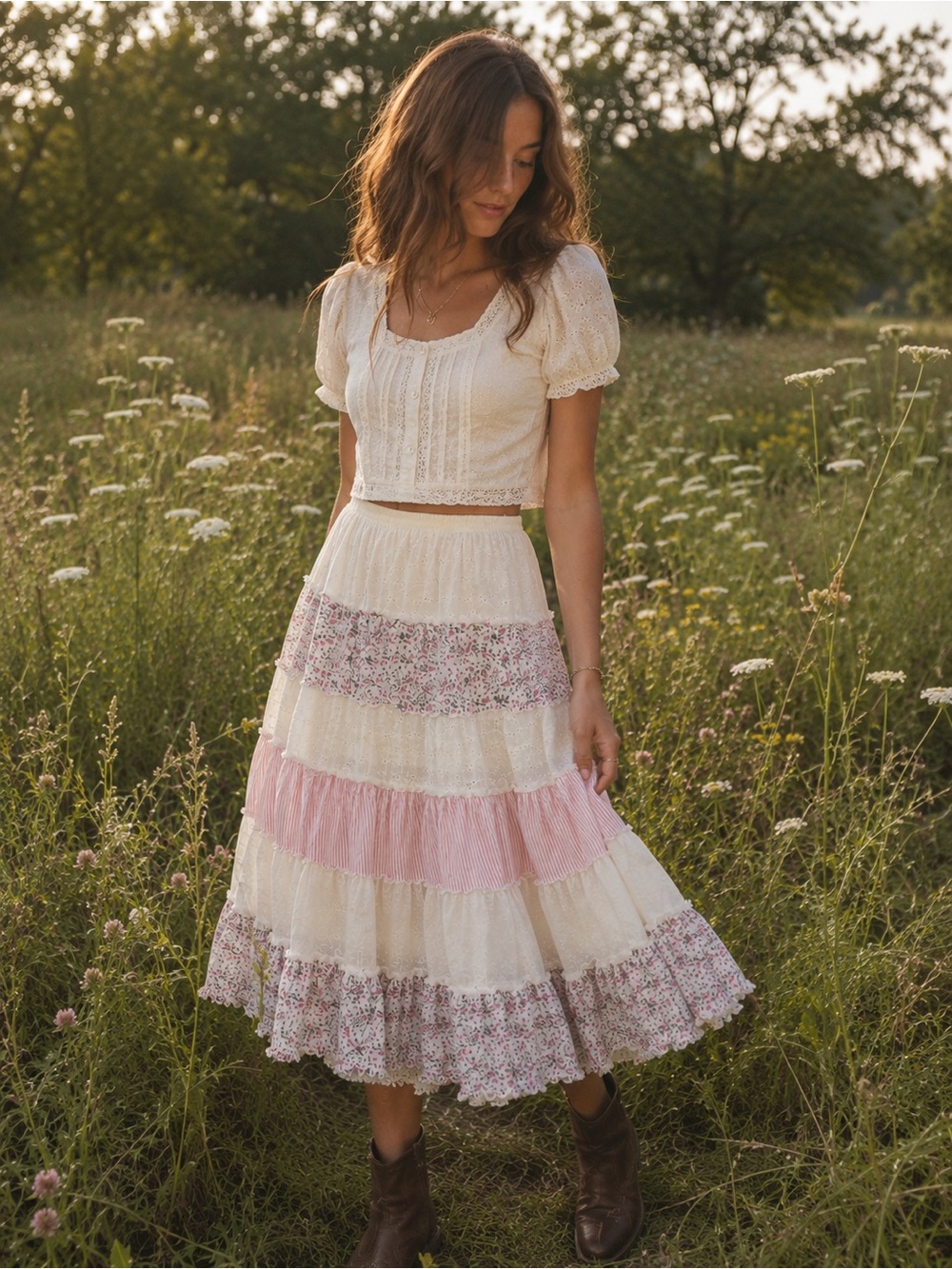 Vintage Y2K No Boundaries 100% Cotton Tiered Patchwork Ruffle Midi Skirt Pink L - Picture 1 of 9